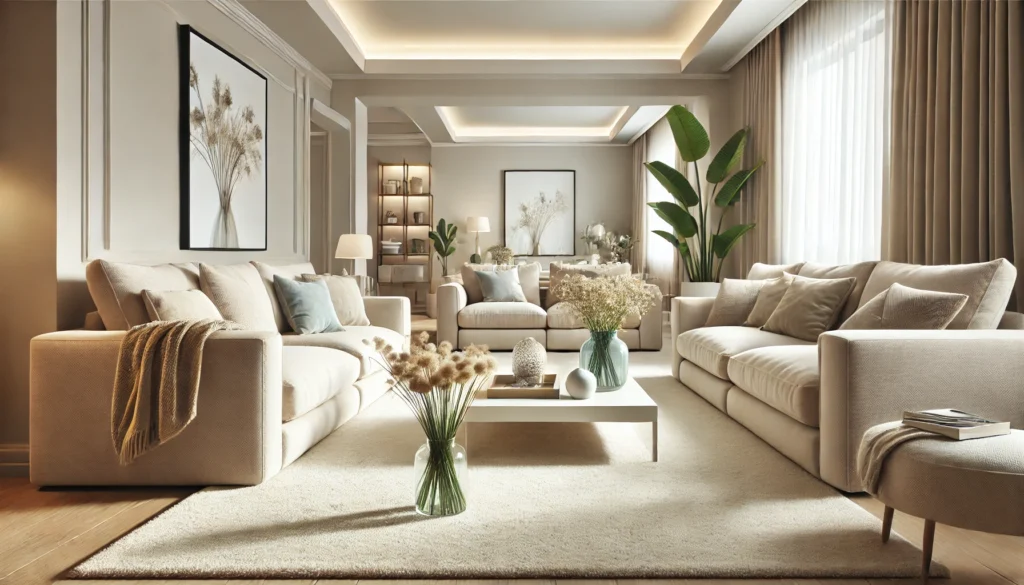 A high-quality image of a cozy, modern residential living room with plush, clean beige carpets, large soft couches, and minimal decor. The carpets sho